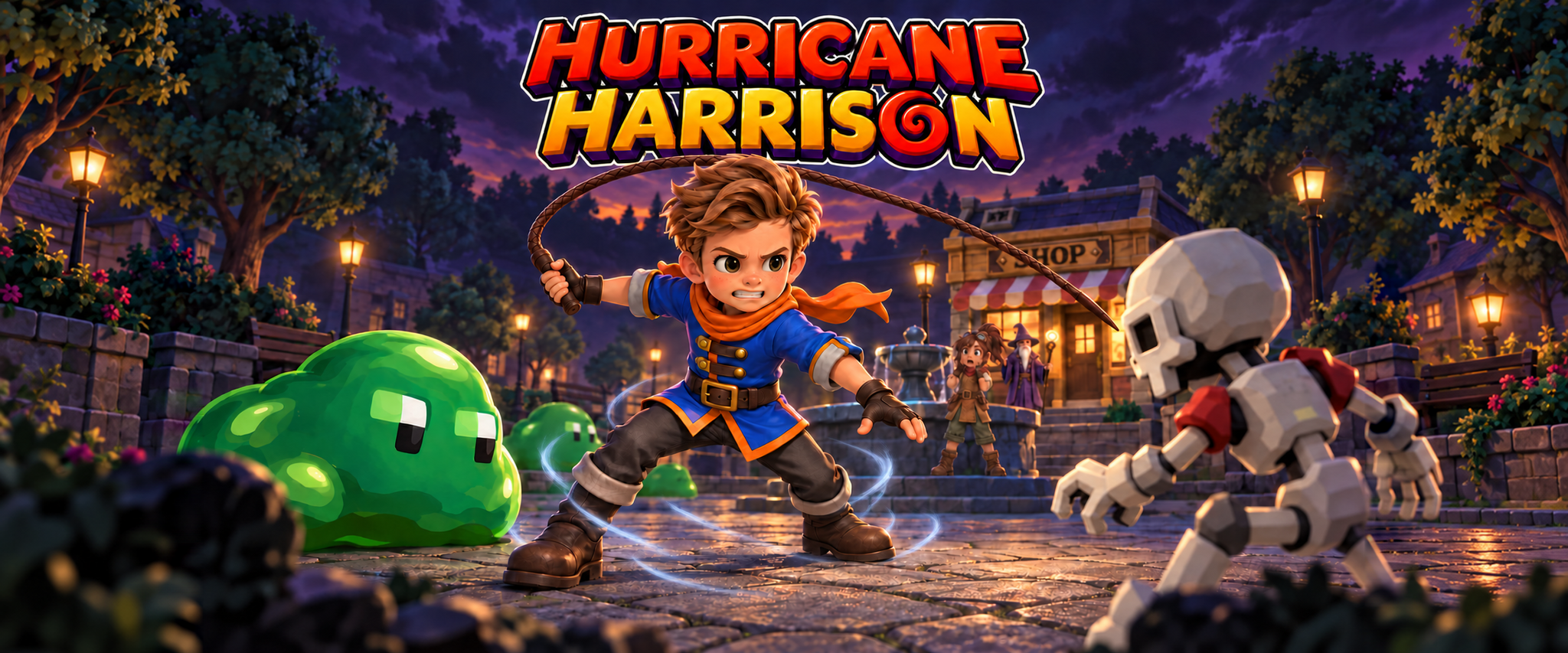 Hurricane Harrison explores a lantern-lit town with a slime and a skeleton