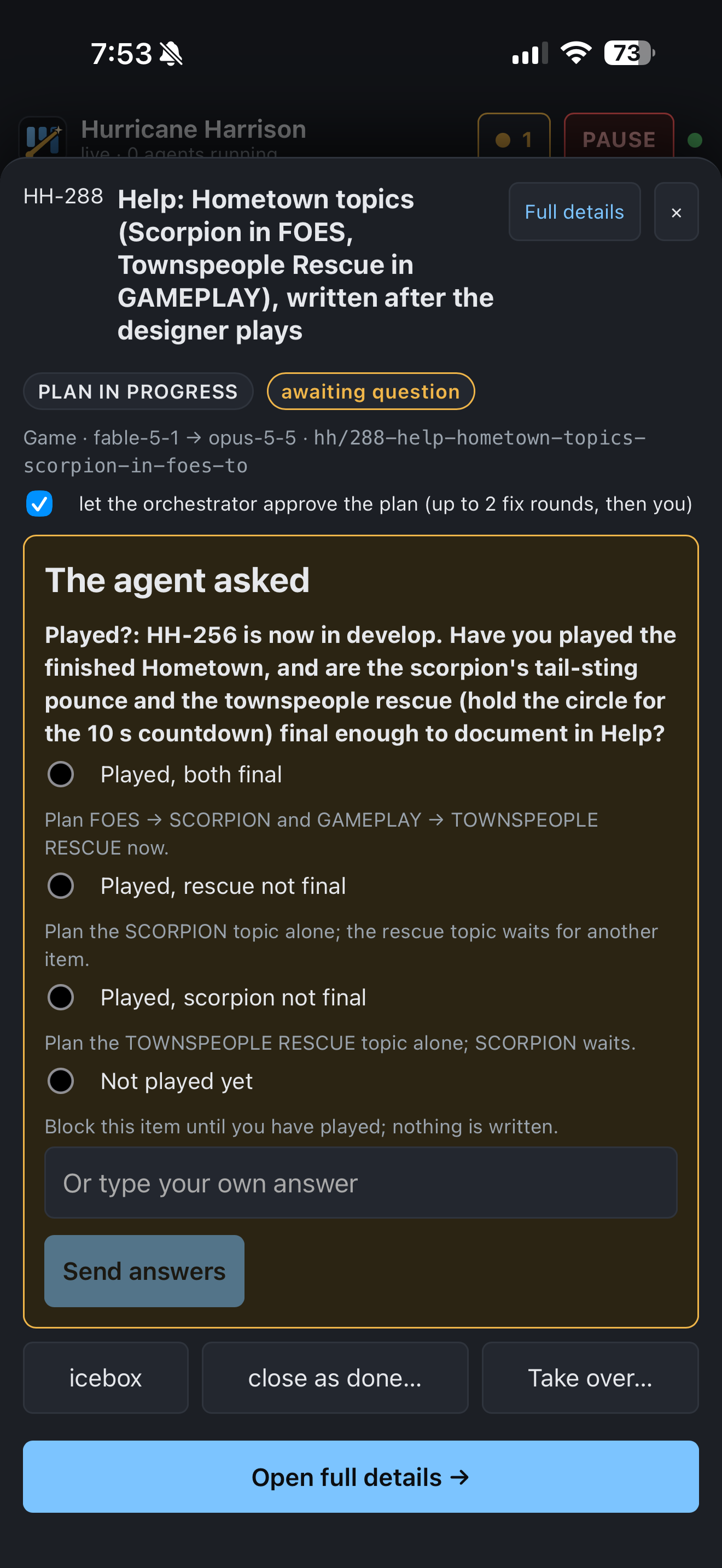 HH-288 with delegated plan approval checked and a question asking whether Hometown has been playtested before writing Help