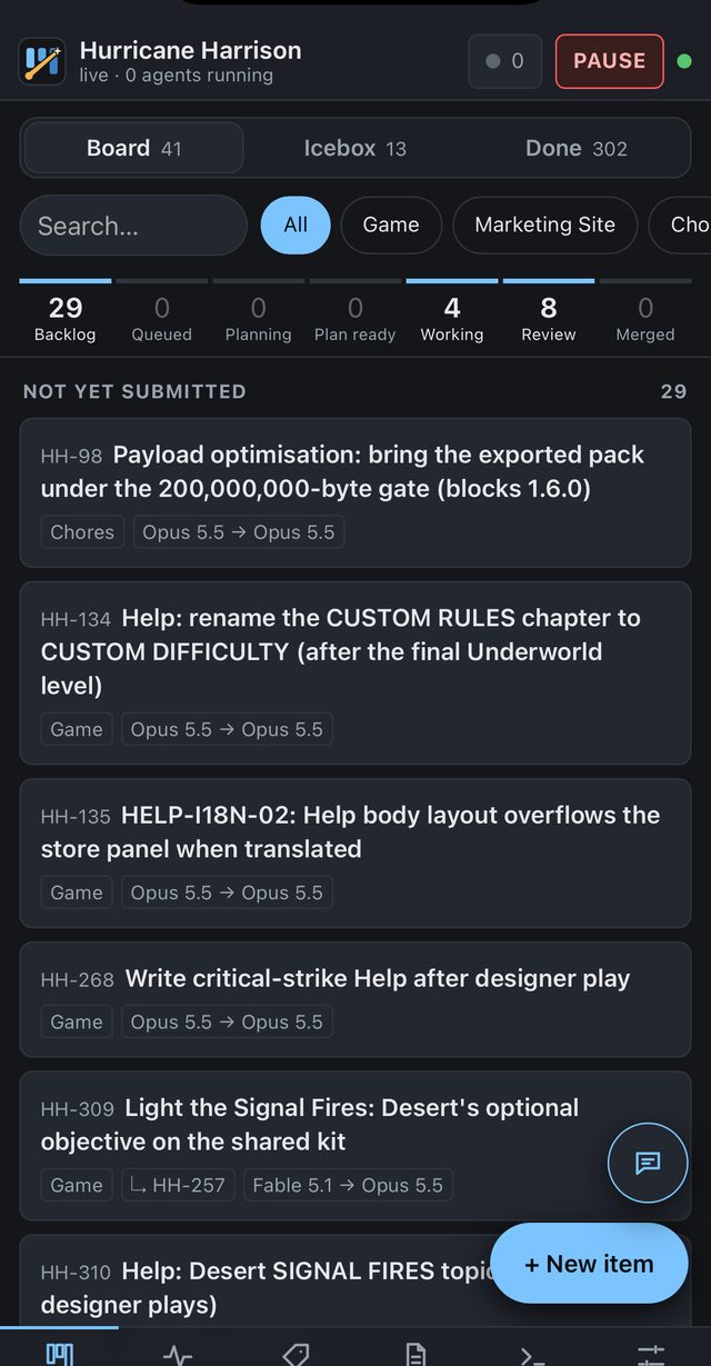 Planestro mobile board showing 302 done items and cards with planner and implementer models