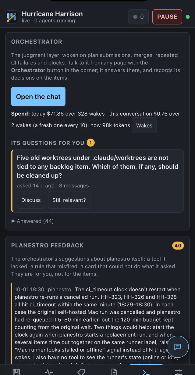 Planestro console showing orchestrator questions and feedback about CI timeouts