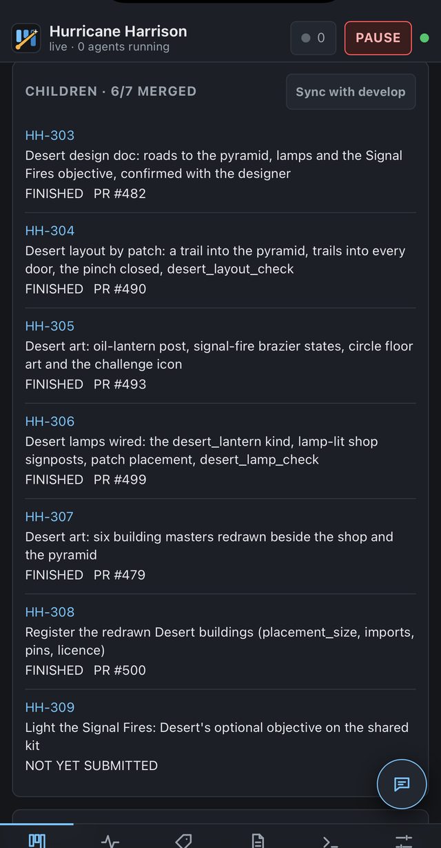 Desert epic showing six of seven child items merged with PR references